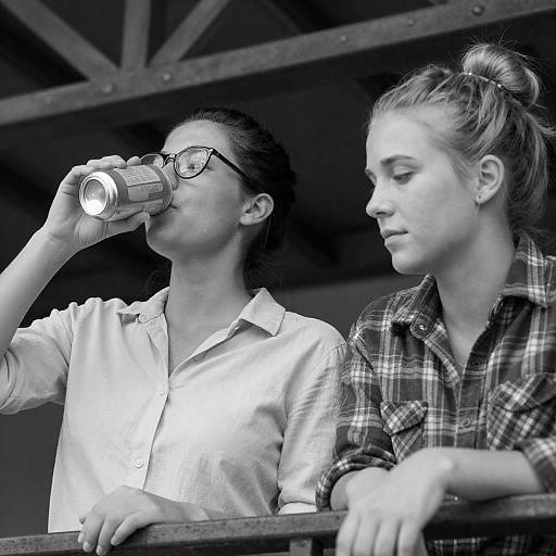 Black and White Photo of Two Women on Metal Structure