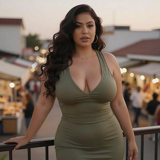 Photograph of a curvy woman with long, wavy black hair, olive-green, deep V-neck dress, large breasts, standing outdoors at a