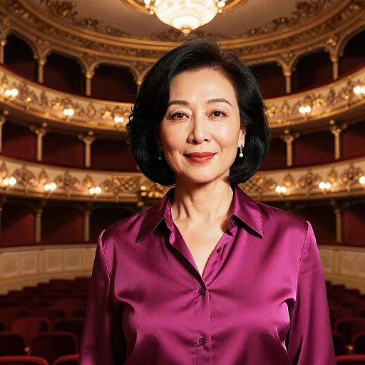 Photograph of an elegant Asian woman with short black hair, wearing a purple satin blouse, standing in a luxurious, ornately decorated theater with illuminated circular