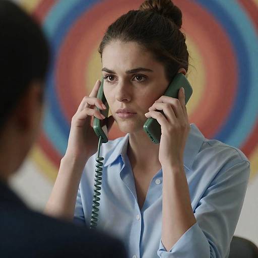 Serious Woman with Corded Phone Portrait