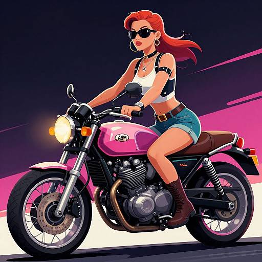 Digital illustration of a red-haired woman in sunglasses, crop top, and shorts, riding a pink Kawasaki motorcycle with a vibrant pink and black background.