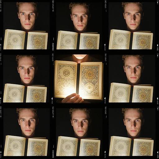 Photographic sequence of a young man with curly hair reading an ornately illuminated book against a black background. Central frame shows illuminated pages, others show closed