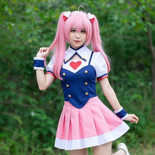 Digital anime-style photograph of a young woman with pink hair in twin tails, wearing a blue and white schoolgirl outfit with a pink skirt, standing outdoors