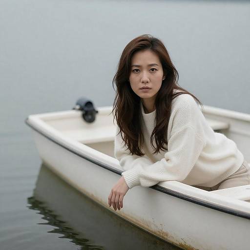 Serious Asian Woman on Weathered Motorboat