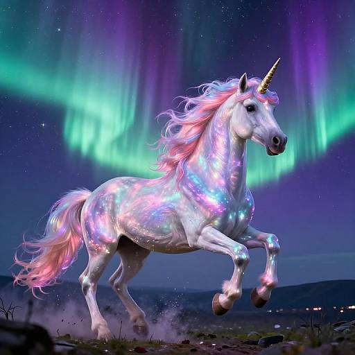 Digital artwork of a shimmering white unicorn with a glowing horn, galloping under vibrant green and purple auroras in a starry night sky.
