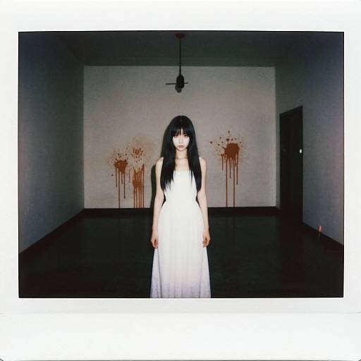 Photograph of a pale Asian woman with long black hair in a white dress standing in a dimly lit room with blood splatters on the wall.