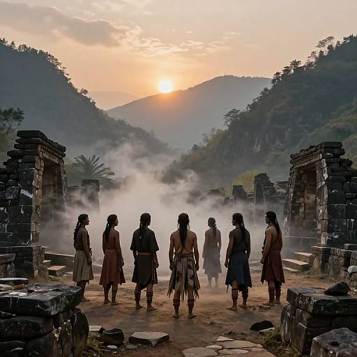 Silhouetted indigenous people in ancient, stone ruins at sunrise, misty mountains, and forest in the background. Photograph with digital art style.