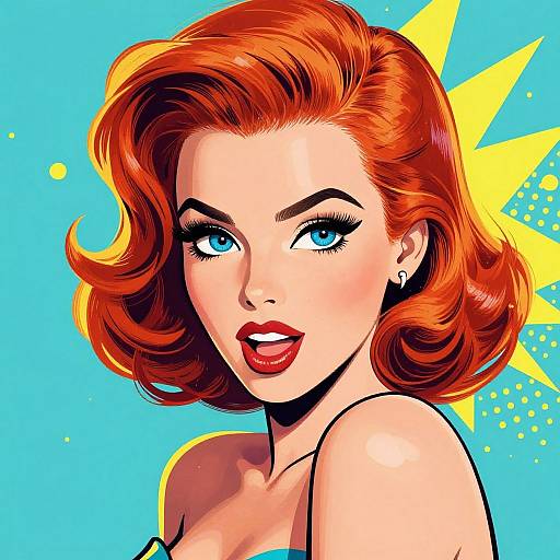 Digital pop art portrait of a red-haired woman with vibrant blue eyes, red lipstick, and yellow starburst background, wearing a strapless top.