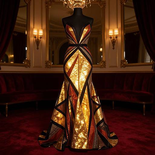 Photograph of a black dress mannequin in an opulent room, wearing a glittering, gold, black, and red geometric-patterned evening