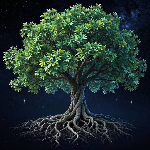 Digital illustration of a tree with vibrant green leaves, intricate roots, against a starry night sky. The tree's trunk is textured, and its roots