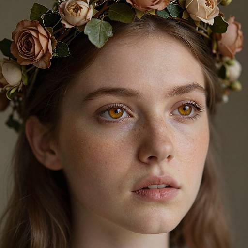 Photograph of a young woman with fair skin, amber eyes, and light freckles, wearing a floral crown of pink and peach roses, against