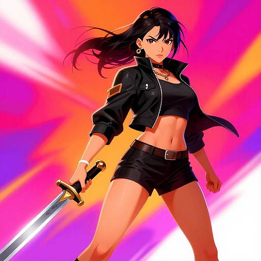 Digital anime-style drawing of a fierce, black-haired woman with tan skin, wearing a black crop top, shorts, and jacket, holding a sword,