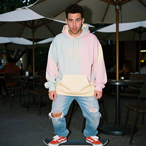 Photograph of a young man with dark curly hair, light pink and white hoodie, ripped blue jeans, and red sneakers, standing under large white umb