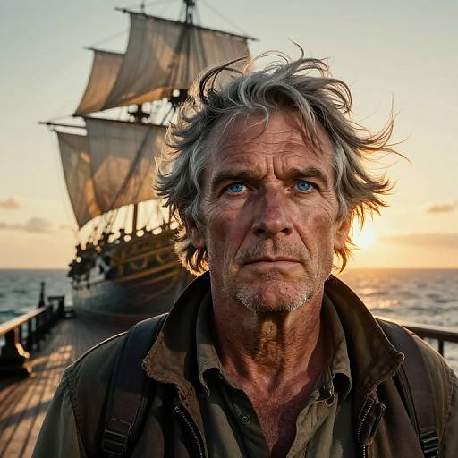 Photograph of a rugged, middle-aged man with disheveled gray hair and blue eyes, standing on a wooden ship deck at sunset, with large