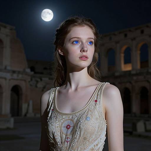 Photograph of a pale-skinned, blue-eyed young woman with brown hair, wearing an ornate, beaded, cream-colored dress, under a