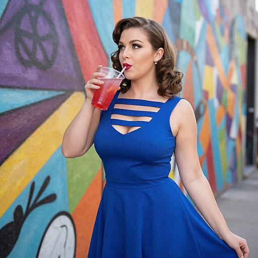 Photograph of a fair-skinned woman with wavy brown hair, wearing a blue, strapless dress, drinking a red drink, standing in front