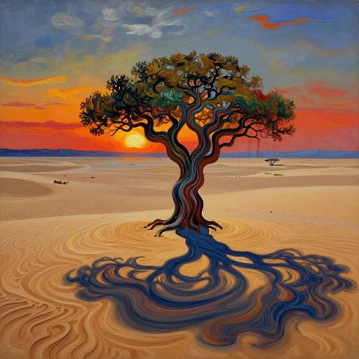 Vibrant digital painting of a twisted tree with dark blue shadows, casting intricate patterns on a sandy desert, under a fiery orange sunset sky with scattered