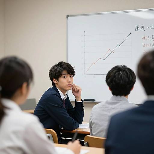 Photograph of an Asian male student in a dark suit, seated in a classroom, pensively listening to a presentation on a whiteboard. Three other