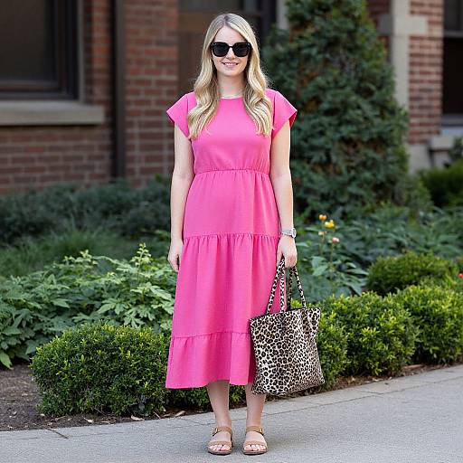 Photograph of a blonde woman in a bright pink, short-sleeved, knee-length dress, holding a leopard-print handbag, wearing sunglasses and