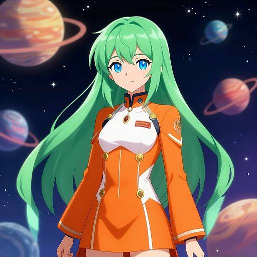 Anime-style digital illustration of a green-haired girl with blue eyes, wearing an orange and white military-style uniform, against a starry background with colorful planets