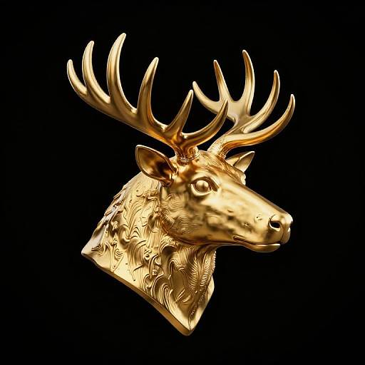Photorealistic digital rendering of a detailed, gold, antlered deer head bust against a black background, showcasing intricate texture and shimmering highlights.