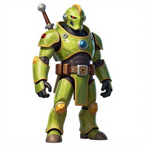 Digitally illustrated, yellow metallic robot with black chest plate, blue gem on chest, brown belt, sword on back, red eyes, and gold accents