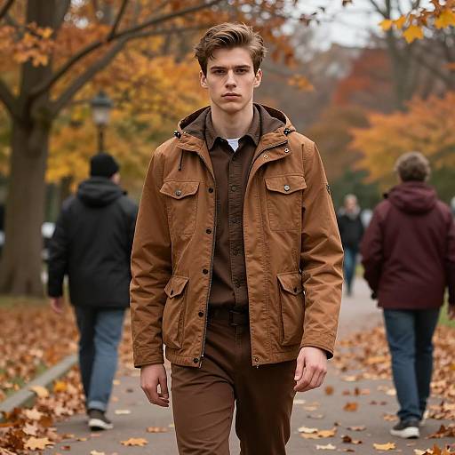 Young Man Walking in Autumn Park
