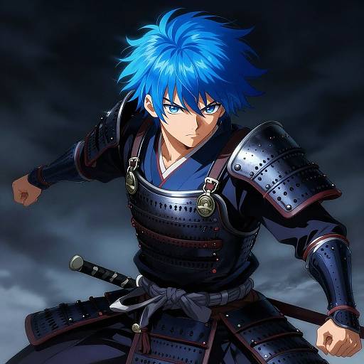 Digital anime artwork of a blue-haired samurai with intense blue eyes, wearing dark metallic armor, gripping a sword, against a stormy sky background.