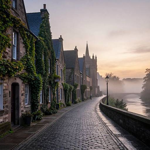 Photograph of a misty, cobblestone street at sunrise, lined with ivy-covered, Gothic-style stone buildings, leading to a misty