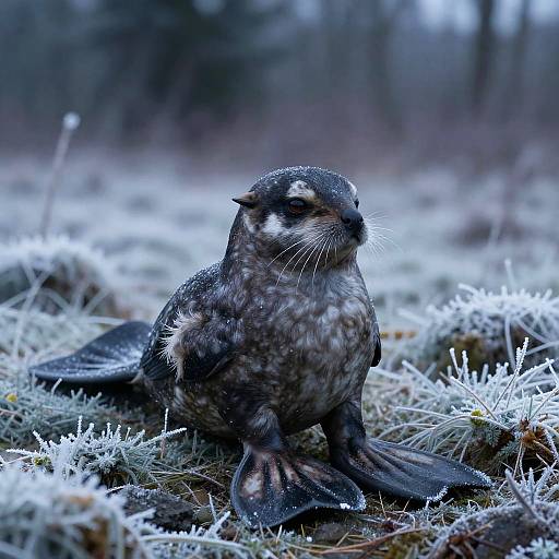 Photograph of a wet, dark brown and black mink with white markings, sitting on frost-covered ground in a blurred, winter forest background.