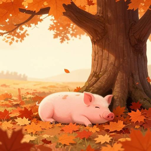 Digital illustration of a pink pig sleeping under a large tree with vibrant orange and red autumn leaves scattered around. Sunlight filters through the leaves, creating a