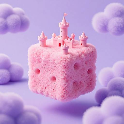 Digital artwork of a fluffy pink cube floating in a purple and white cloudy sky, adorned with a small, pink castle on top.