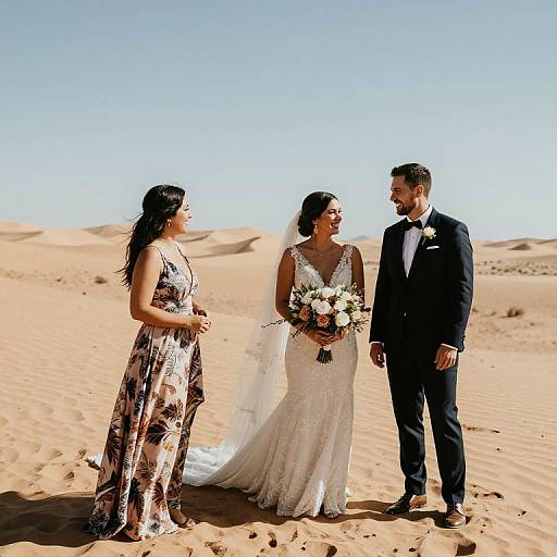 Photograph of a bride in a white lace gown, groom in a black tux, and bridesmaid in a floral dress, standing in a sun
