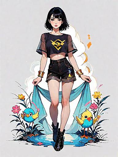 Chic Woman with Black Outfit and Cartoon Birds