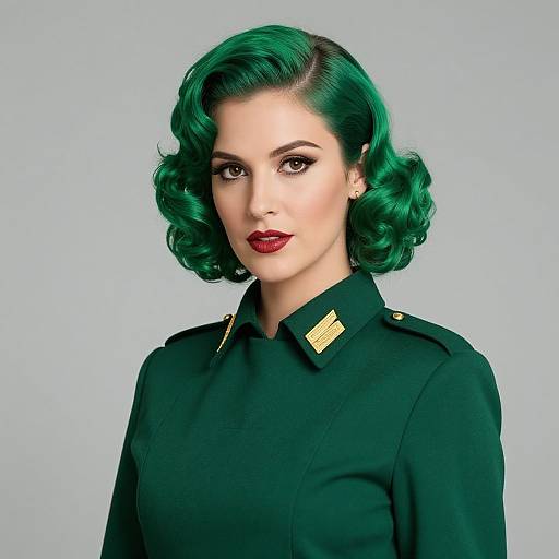 Photograph of a fair-skinned woman with vibrant green, wavy hair, wearing a dark green military-style uniform with gold epaulettes,