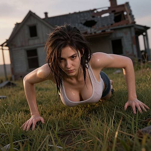 Photograph of a wet, muscular woman with dark, messy hair, large breasts, wearing a white tank top and denim shorts, crawling on grass in