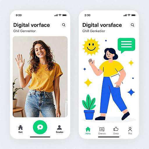 Side-by-side digital vs. digital vector illustrations of a smiling woman in a yellow shirt and blue jeans. Vector version is cartoonish with bright colors and