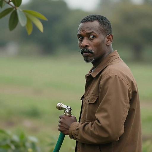 Surprised Man with Garden Hose Outdoors
