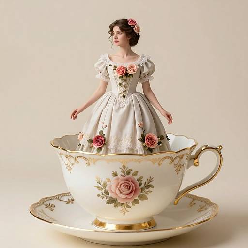 Whimsical Lady in Oversized Teacup