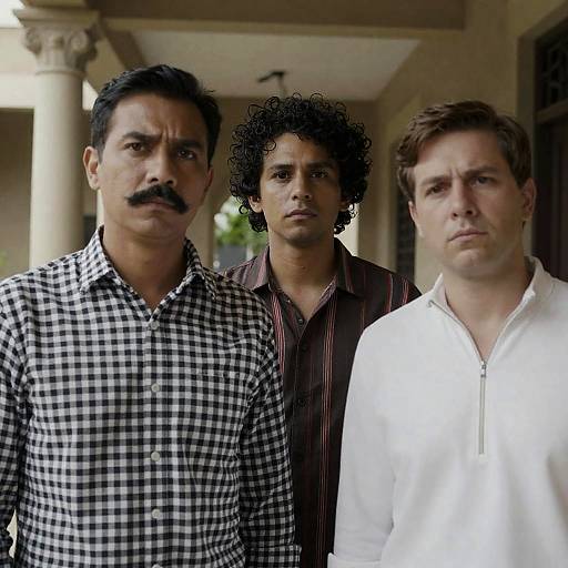 Three Men Under Architectural Overhang