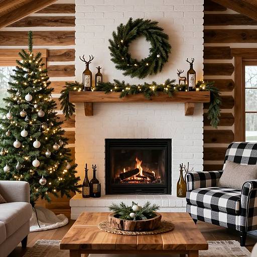 Cozy log cabin living room with a lit fireplace, decorated Christmas tree, green wreath, wooden shelves, checkered armchair, and rustic decor