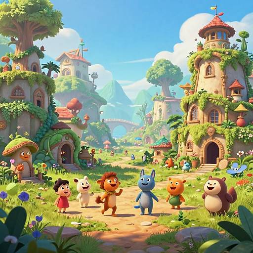 Animated Fantasy Village with Happy Characters