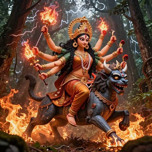 Digital artwork of a goddess with six arms, wearing gold jewelry, riding a black demon horse, surrounded by flames in a forest.