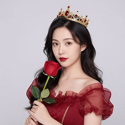 Photograph of an East Asian woman with long black hair, wearing a red off-shoulder dress, gold crown, and holding a red rose,