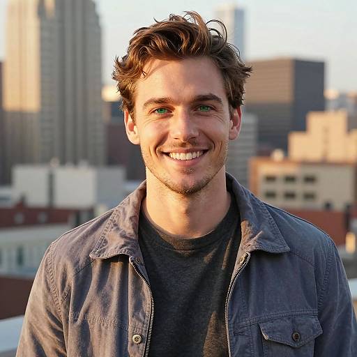 Photograph of a smiling young man with brown, tousled hair, green eyes, light stubble, wearing a gray shirt and dark gray t-shirt