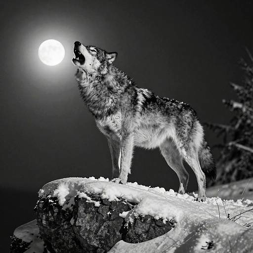Photograph of a howling wolf with a full moon in a dark night sky, standing on a snowy rock. The wolf's fur is detailed in