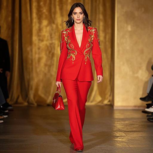 Photograph of a confident brunette woman in a vibrant red suit with gold embroidery, holding a red handbag, walking down a golden-lit runway.