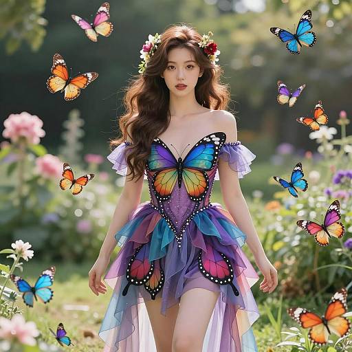 Woman in Vibrant Butterfly-Themed Dress in Garden