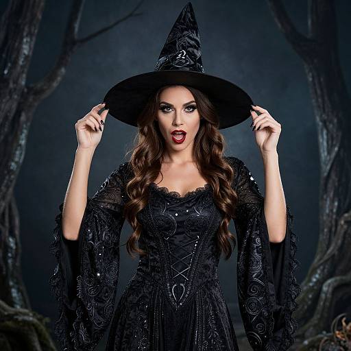 Photograph of a fair-skinned, long-haired brunette woman in a black, lace-trimmed witch dress and pointed hat, with a dark forest