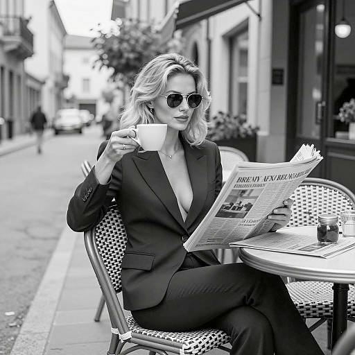 Chic Blonde Woman at Café Table
